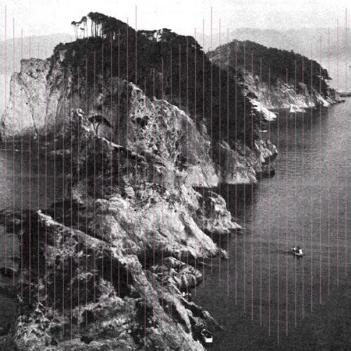 Black and white landscape with red vertical lines and a small boat.