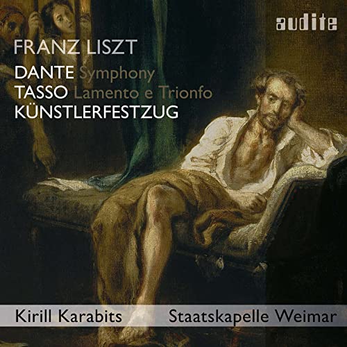 CD cover featuring a painting of a reclining man with text by Franz Liszt.