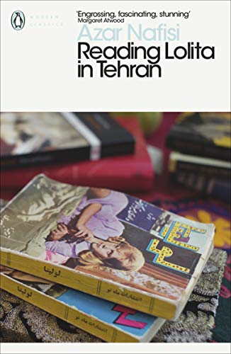 Book cover: "Reading Lolita in Tehran" by Azar Nafisi, with stacked books.