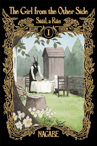 Book cover showing a horned figure and a girl dining outdoors in a garden.
