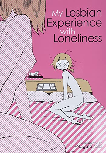 Book cover: illustrated woman sitting on a bed, pink and white stripes.