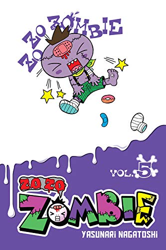 Cartoon zombie cat with bandages and dripping purple background, book cover.