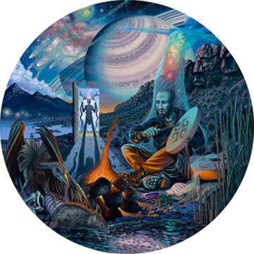 Painted vinyl record depicting a man by a campfire with celestial imagery.