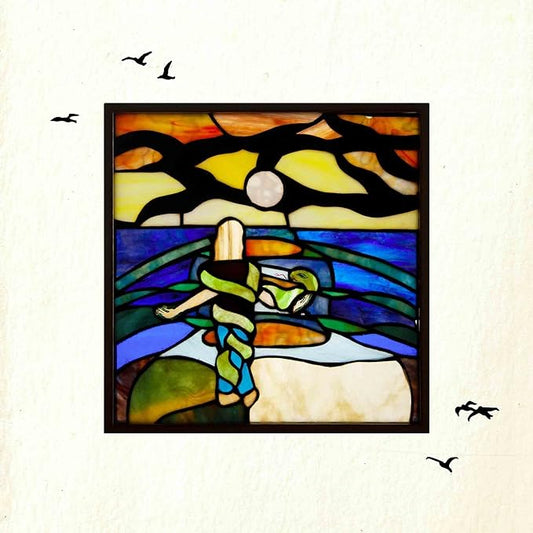 Stained-glass style album cover with a figure and birds in a landscape.