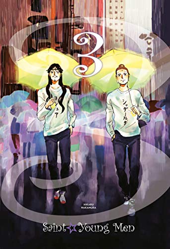 Saint Young Men 3" cover: two men with umbrellas in a rainy city.
