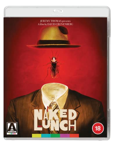 Blu-ray cover art for Naked Lunch featuring a floating fedora, cockroach, and suit jacket.