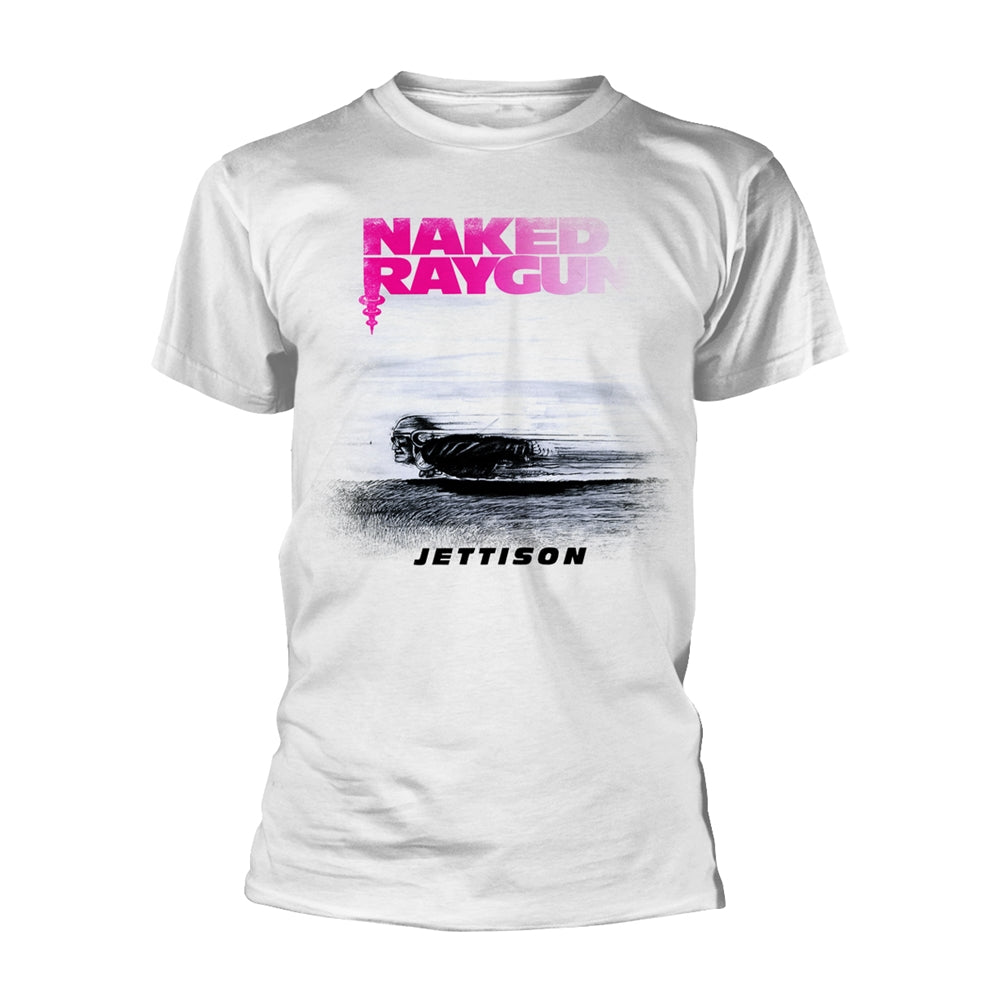White t-shirt with pink and black "Naked Raygun Jettison" logo graphic.
