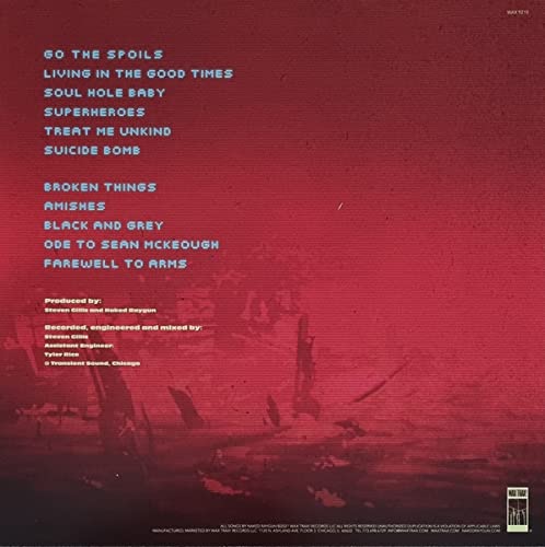 Back cover of Naked Raygun Over The Overlords vinyl with tracklist on red background.