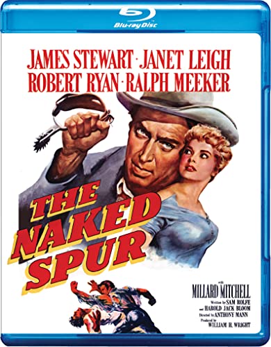 Blu-ray cover for "The Naked Spur" featuring James Stewart, Janet Leigh, and Robert Ryan.
