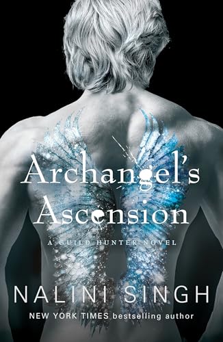 Book cover: man’s back with glowing blue angel wings, title “Archangel’s Ascension”.