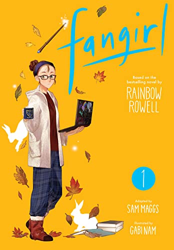 Fangirl" manga cover with a young woman holding a laptop and falling leaves.