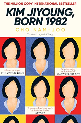 Book cover for Kim Jiyoung, Born 1982 featuring a grid of faceless women's portraits.