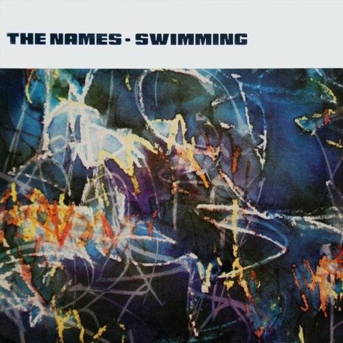 The image is a vinyl album cover for "The Names - Swimming". Here is a concise description of the image in 15 words or less: Album cover with abstract, colorful artwork and text "The Names - Swimming" at the top.