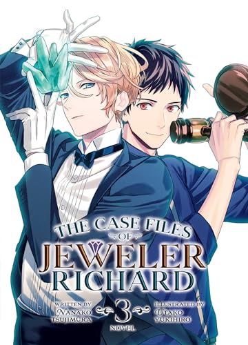 Light novel cover with two young men and a glowing green jewel.