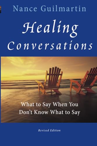 Book cover: "Healing Conversations" with beach chairs at sunset.