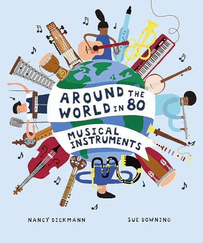 Book cover with a globe surrounded by diverse people playing instruments.