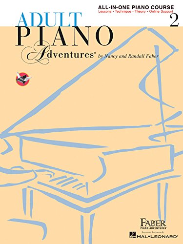 Cover of Adult Piano Adventures Book 2 with a light blue grand piano illustration.