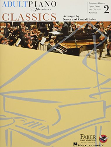 Piano book cover, "Adult Piano Adventures Classics Book 2," with orchestra image.
