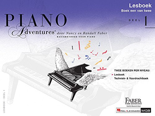 Piano Adventures lesson book cover featuring a grand piano with wings and musical notes.