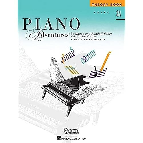 Piano Adventures Theory Book Level 3A, with piano and musical notes.