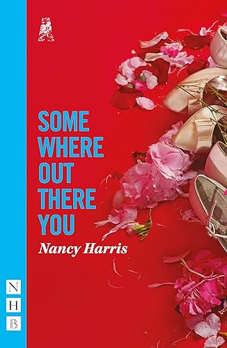 Play script cover with pink flowers and ballet shoes on red.
