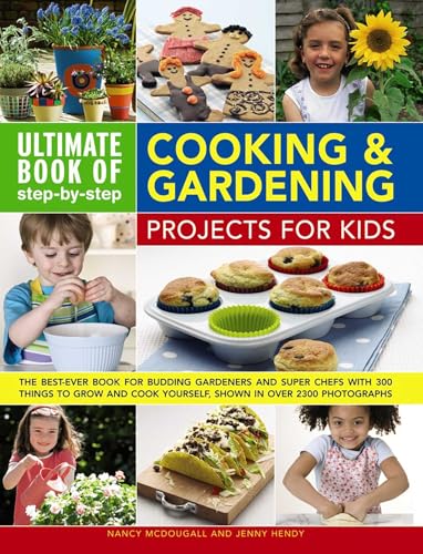 Book cover with kids cooking, gardening, and images of food and plants.