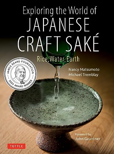 Book cover showing sake being poured into a ceramic cup with James Beard award seal.