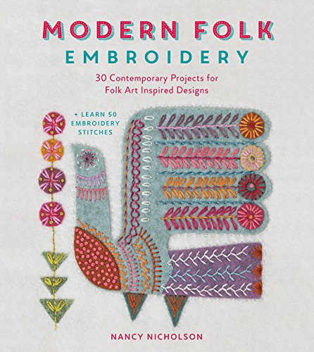 Book cover featuring a blue felt bird with colorful folk-style embroidery stitches.