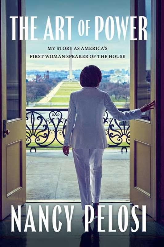Nancy Pelosi stands in a doorway looking toward the Washington Monument in a book cover.