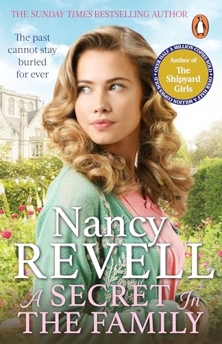 Book cover: woman with manor house background, title “A Secret in the Family”.