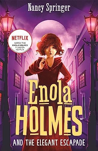 Book cover illustration of Enola Holmes standing on a street between two glowing lamps.