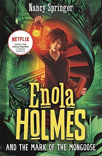 Book cover featuring Enola Holmes holding a lantern in a staircase.