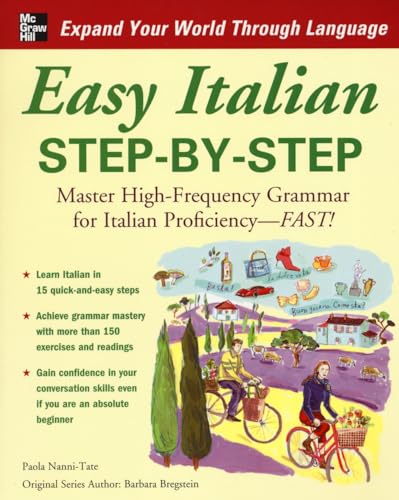 Book cover for Easy Italian Step-by-Step with an illustration of people riding bicycles.
