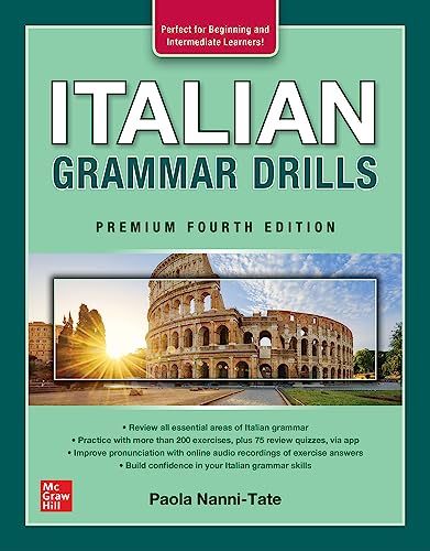Book cover for Italian Grammar Drills, Premium Fourth Edition, featuring the Roman Colosseum.