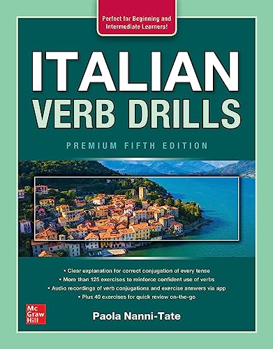 Cover of “Italian Verb Drills, Premium Fifth Edition” textbook with Italian landscape.