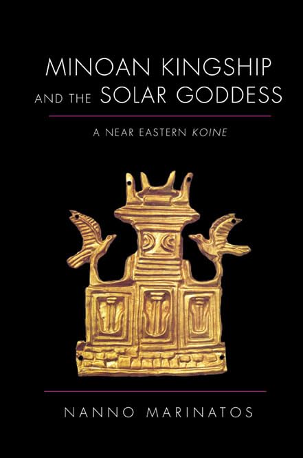 Book cover with golden Minoan artifact of a building with birds.
