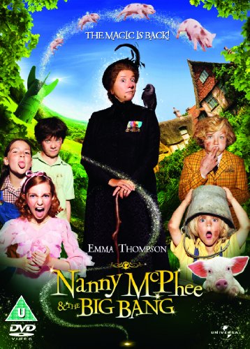Nanny McPhee stands with children and flying piglets on the movie DVD cover.