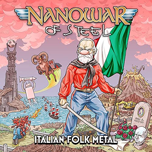 Album cover for Nanowar of Steel featuring a cartoon man with an Italian flag.