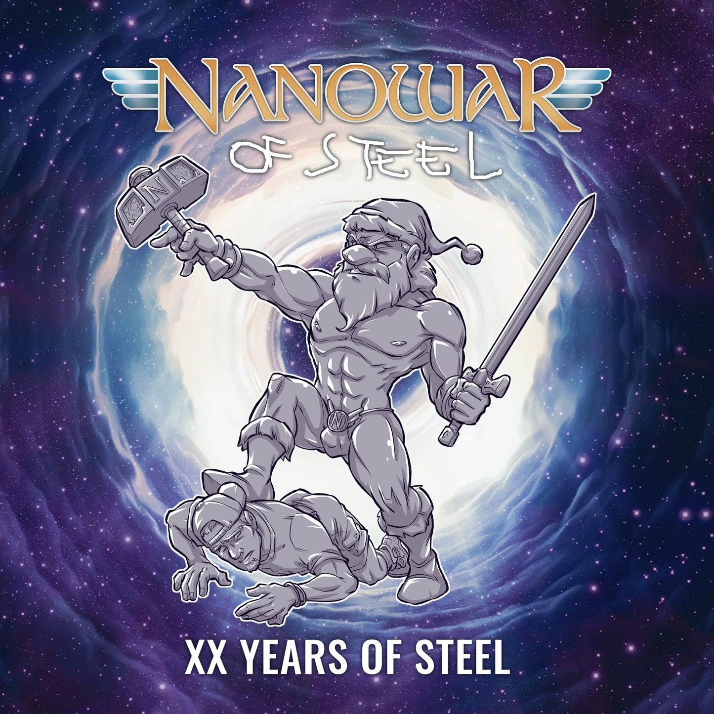 Album cover: muscular warrior with hammer and sword in a swirling galaxy.