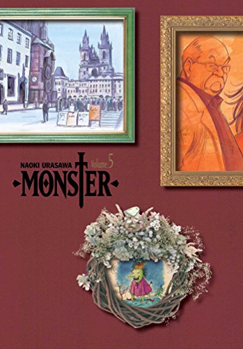 Cover of Monster Volume 5 featuring framed art and a floral wreath on maroon.