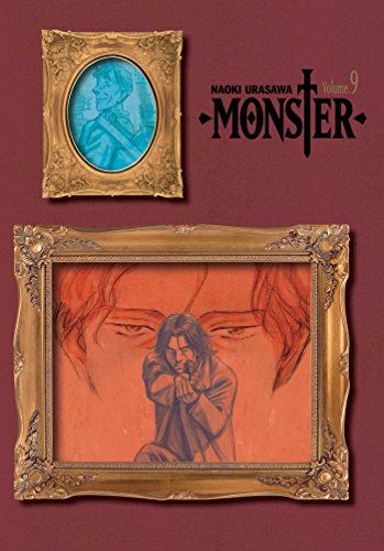 Cover of Monster Vol. 9 featuring two ornate gold-framed portraits on a maroon background.