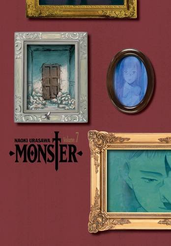 Monster" Volume 7 cover: framed paintings of a door, girl, and man.