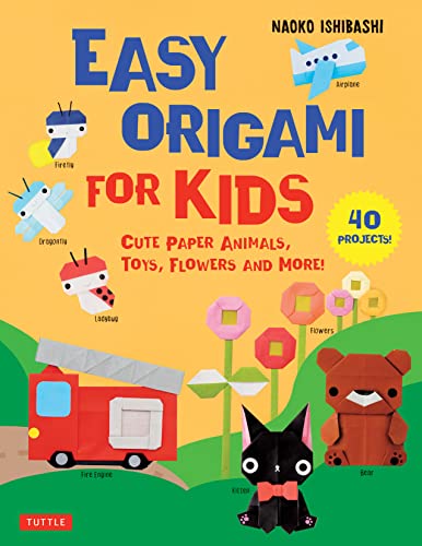 Book cover: "EASY ORIGAMI FOR KIDS" with colorful paper animal illustrations.