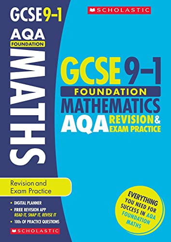 Blue and yellow AQA GCSE Foundation Maths revision and practice book cover.