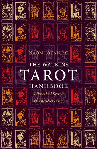 Tarot card grid with book title "The Watkins Tarot Handbook" overlayed.
