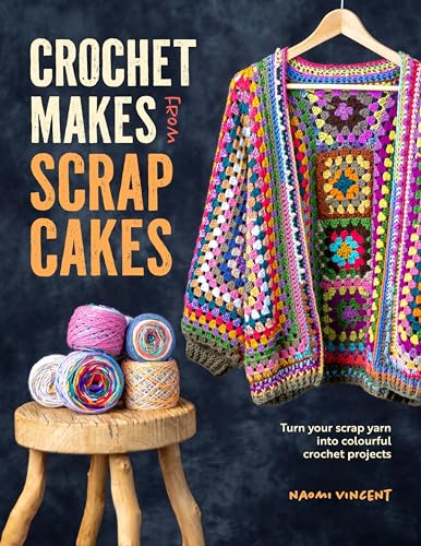 Book cover showing a colorful crocheted granny square cardigan and yarn cakes on stool.