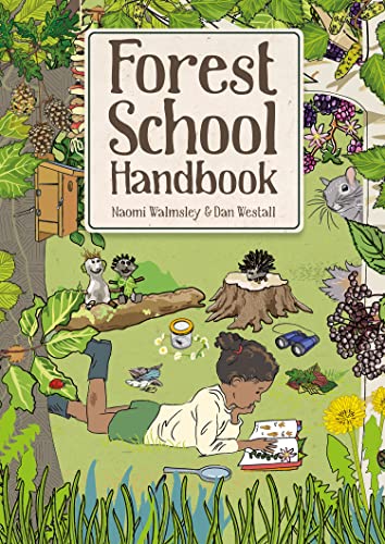 Book cover with illustrated forest scene, child reading, and title "Forest School Handbook".
