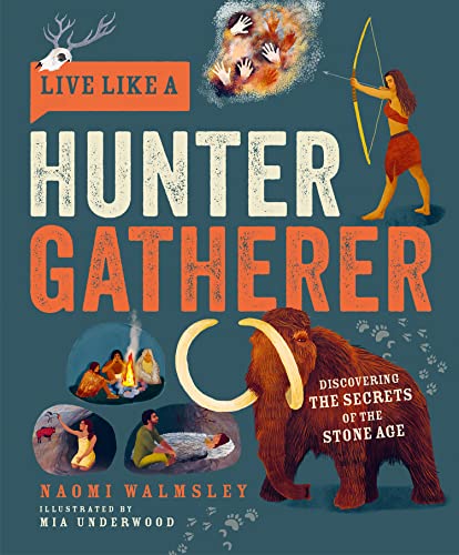 Book cover featuring a mammoth, hunter, cave paintings, and campfire on a blue background.