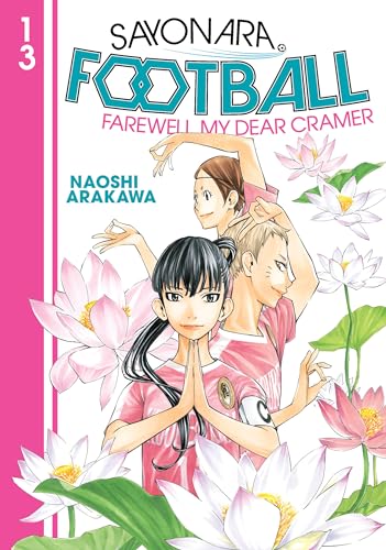 Manga cover with three soccer players and pink lotus flowers.