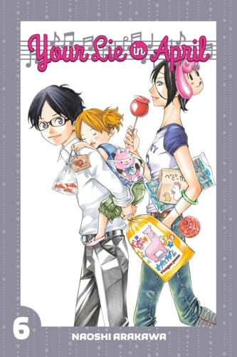 Manga cover of Your Lie in April 6 featuring three characters and shopping bags.